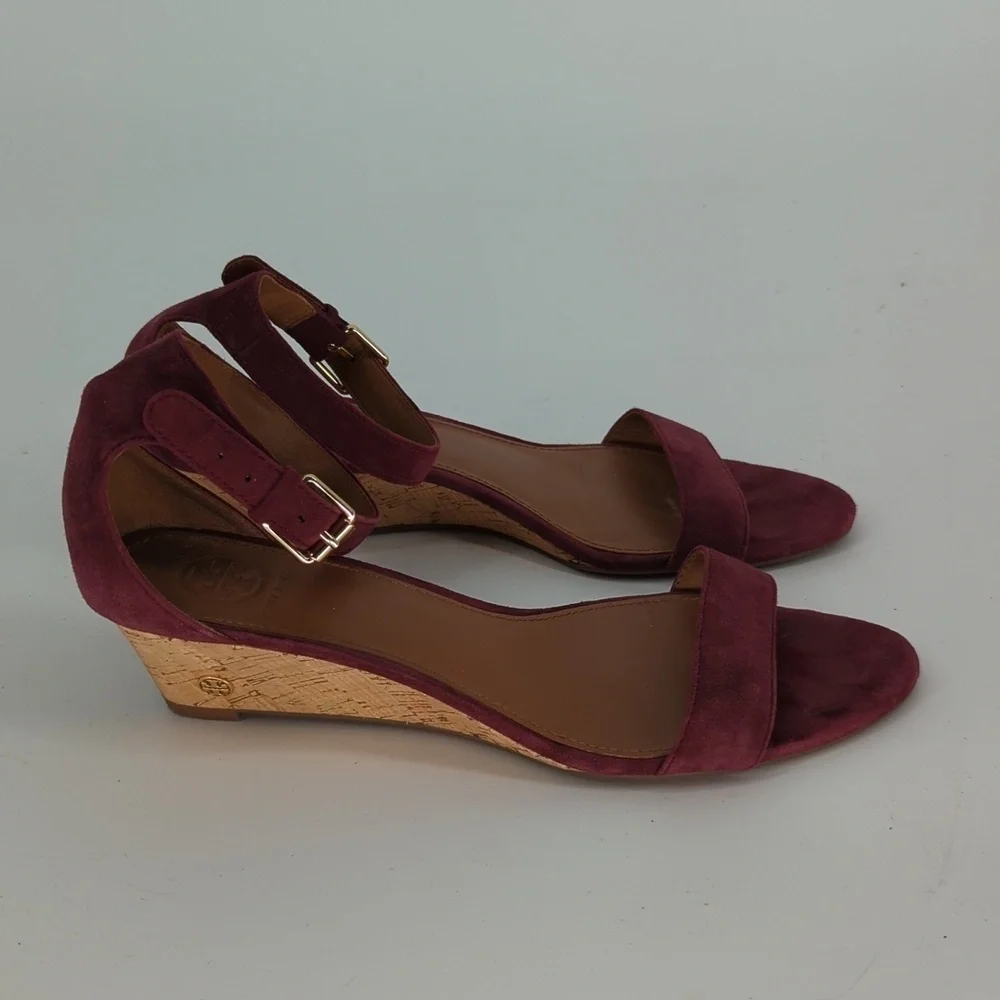 Tory Burch Savannah Suede Cork Wedge Purple 8.5 open toe summer preppy casual